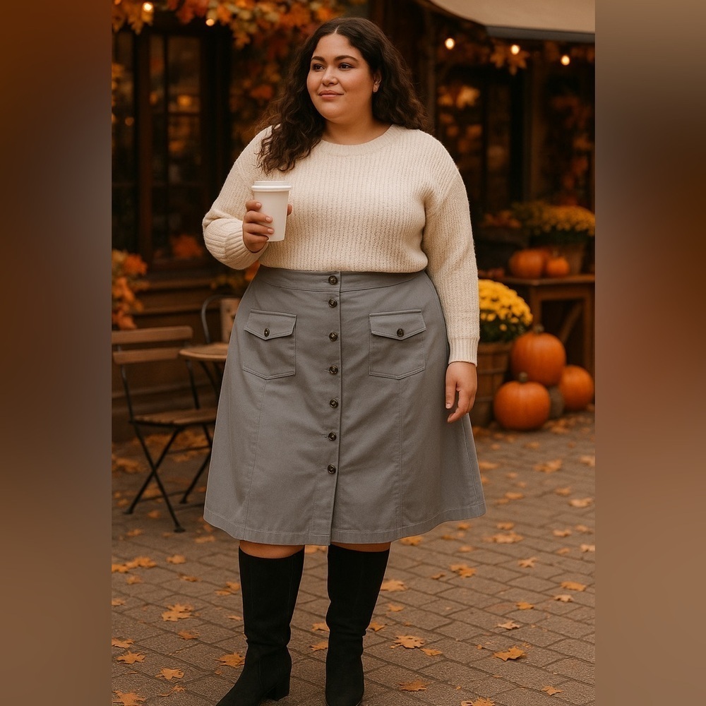 NWT Mare Mare Anthropologie Skirt Plus 1X Gray Cotton Button Front Utility Midi - Picture 7 of 12